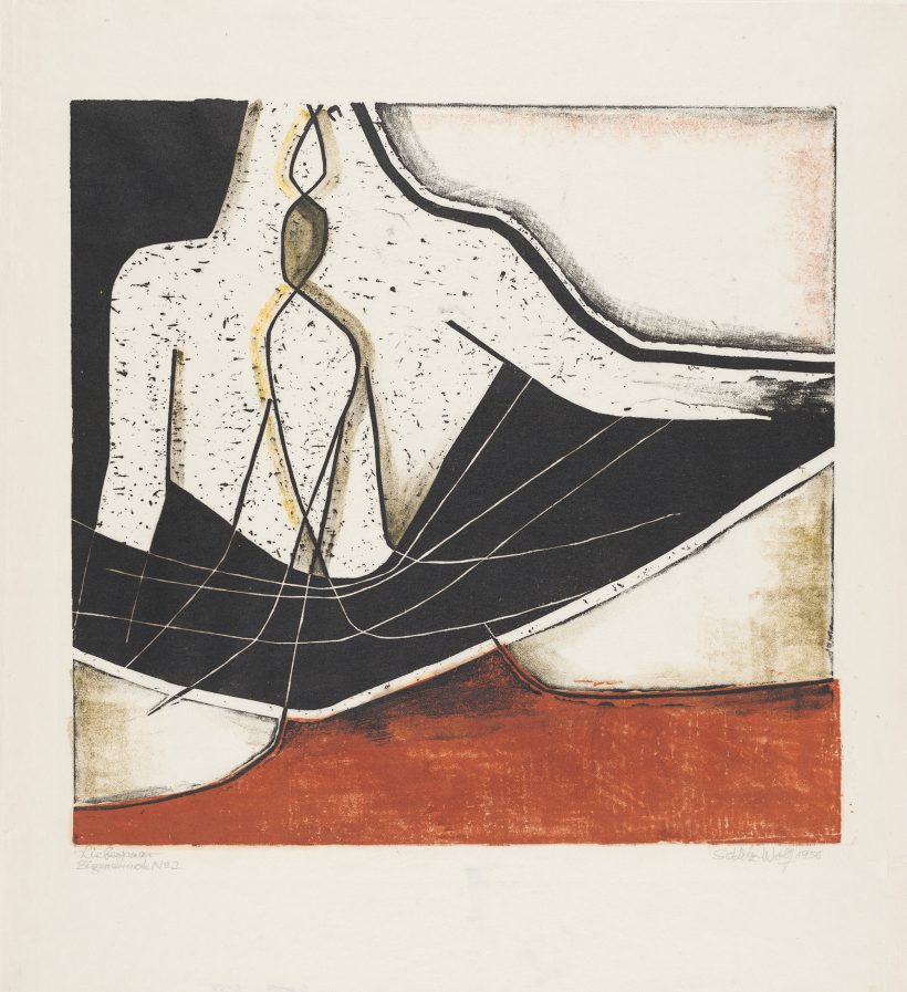 An abstract lithograph titled Liebespaar by Sella Hasse, featuring minimalist, elongated black shapes suggestive of two figures leaning toward one another.