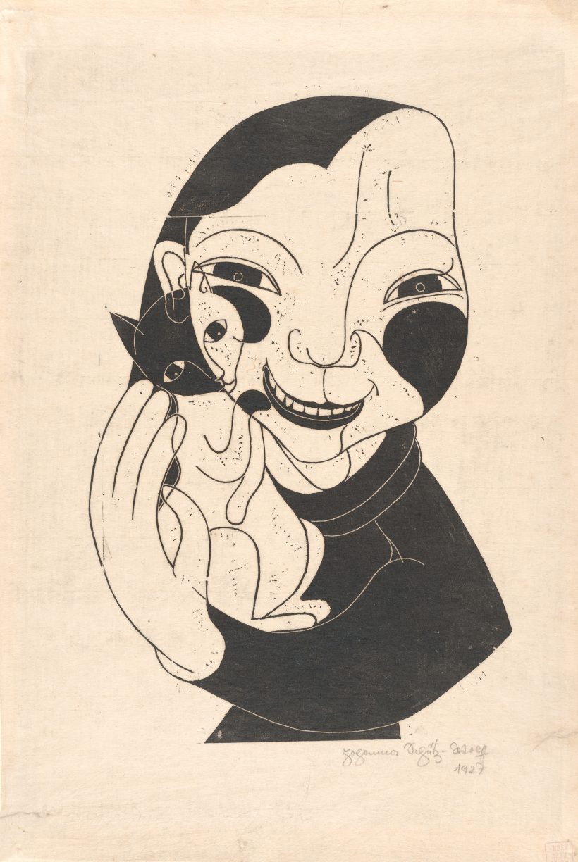 Black and white woodcut print showing a stylized person smiling and holding a small cat.