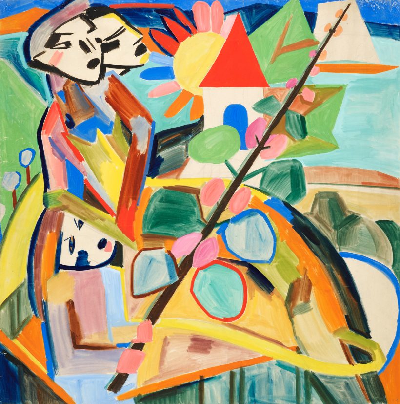 Abstract painting of two stylized figures in a boat near a house, a sun, and a sailboat on the water, shown as a Vorschau auf kommenden Ausstellungen.