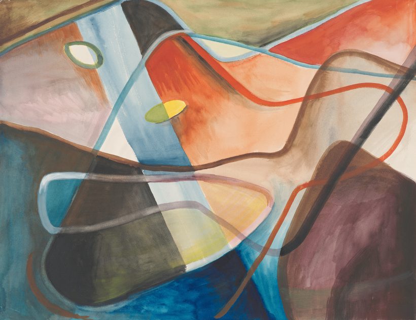 Abstract watercolor painting with overlapping translucent shapes, curved lines, and patches of blue, red, brown, and tan.