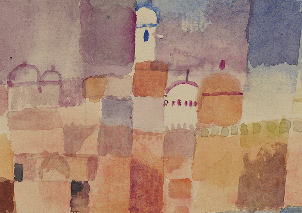 Aquarellbild einer stilisierten Stadt-Skyline mit Kuppeln und Türmen in sanften, durchscheinenden Orange-, Violett- und Blautönen.