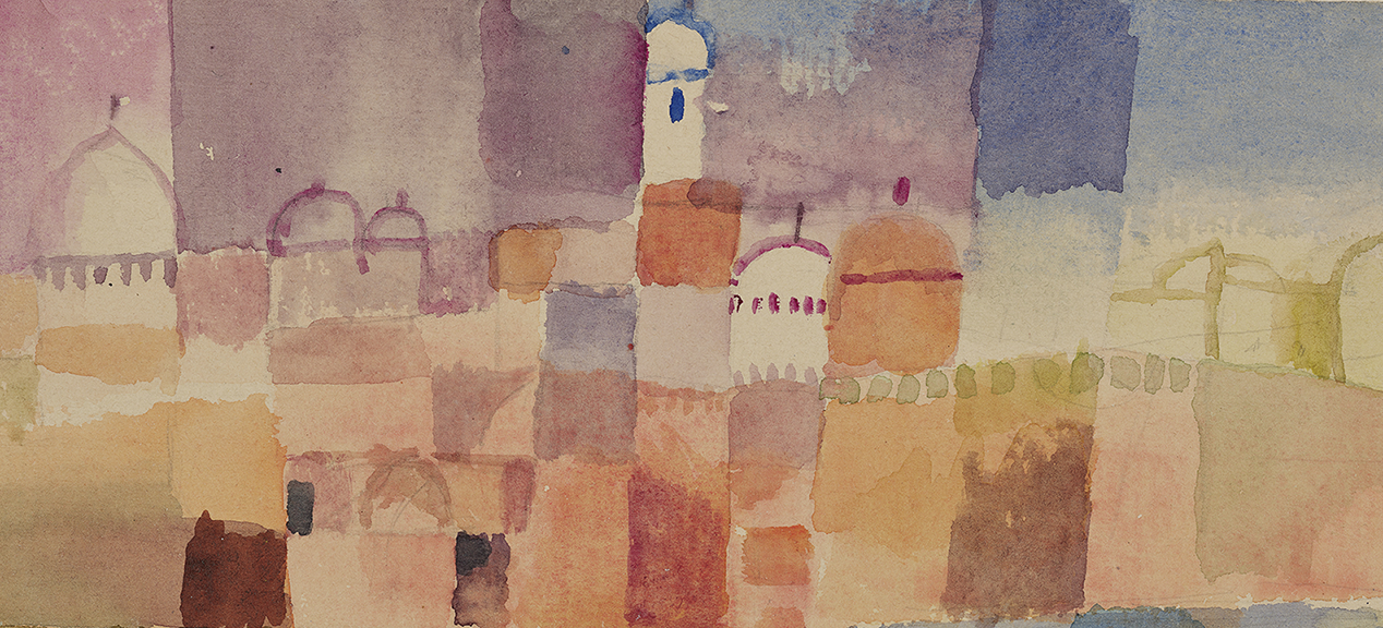 Aquarellbild einer stilisierten Stadt-Skyline mit Kuppeln und Türmen in sanften, durchscheinenden Orange-, Violett- und Blautönen.
