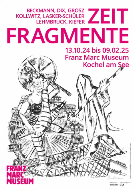 Ausstellungsplakat für die Ausstellung Zeit Fragmente Rückblick im Franz-Marc-Museum mit einer Schwarz-Weiß-Illustration und den Ausstellungsdaten vom 13.10.24 bis zum 09.02.25.
